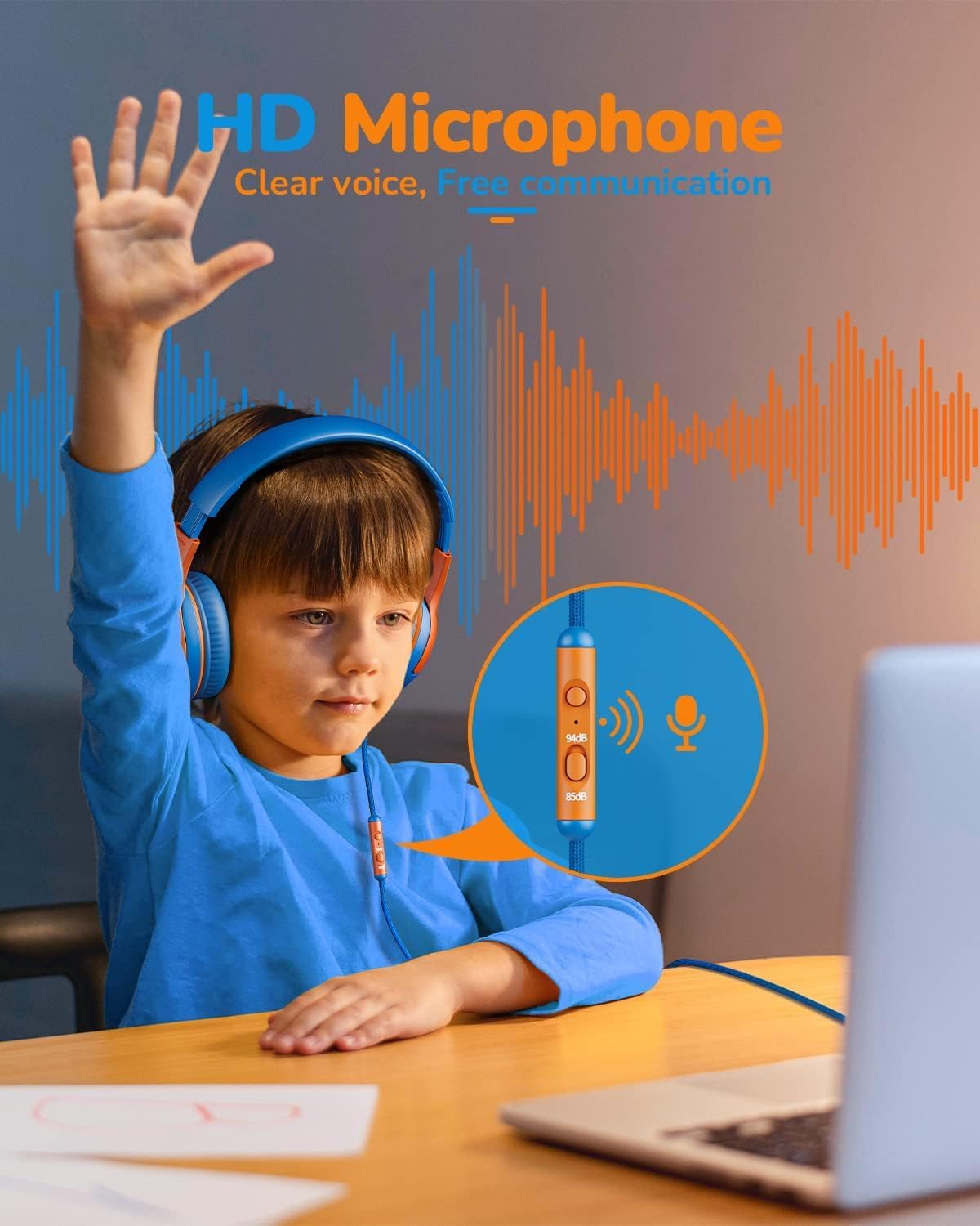 awatrue Kids On-Ear Headphones with Mic, Blue Green & Orange, Comfortable DEMO
