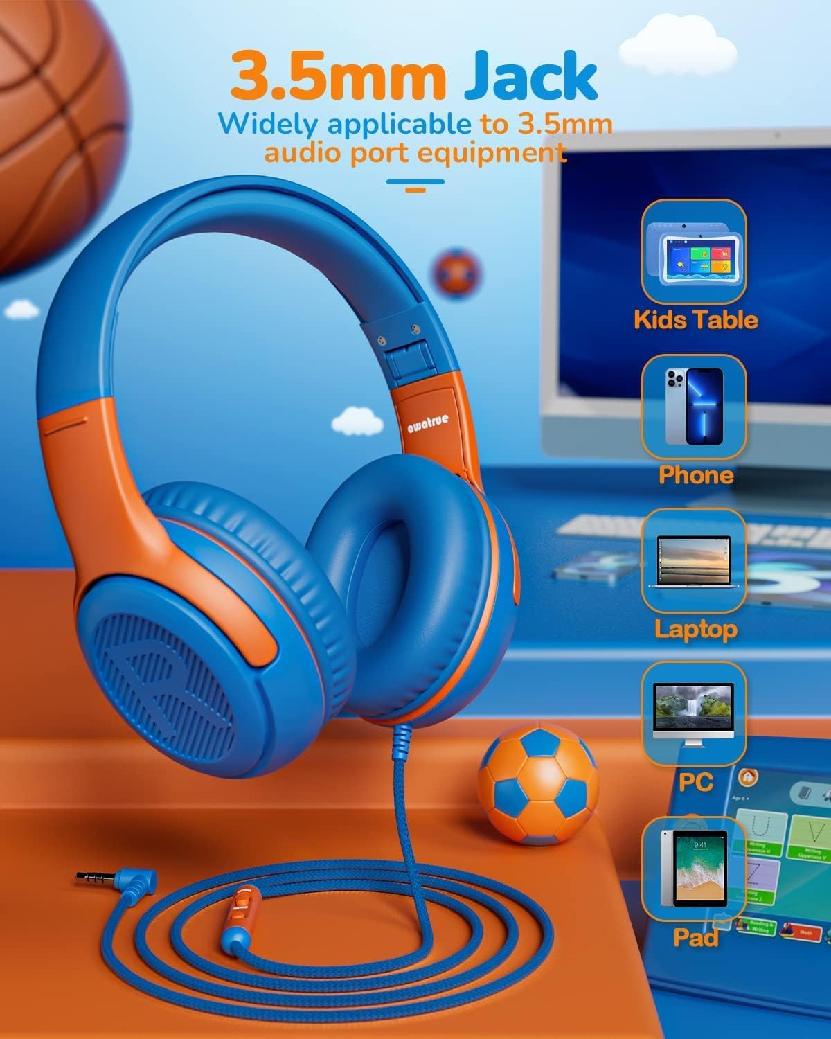 awatrue Kids On-Ear Headphones with Mic, Blue Green & Orange, Comfortable DEMO