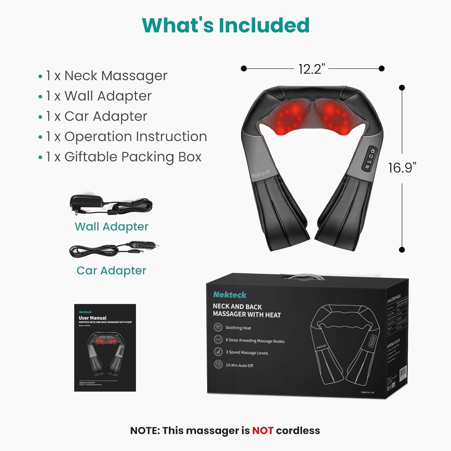 Nekteck Electric Shiatsu Neck and Back Massager with Soothing Heat - Black DEMO
