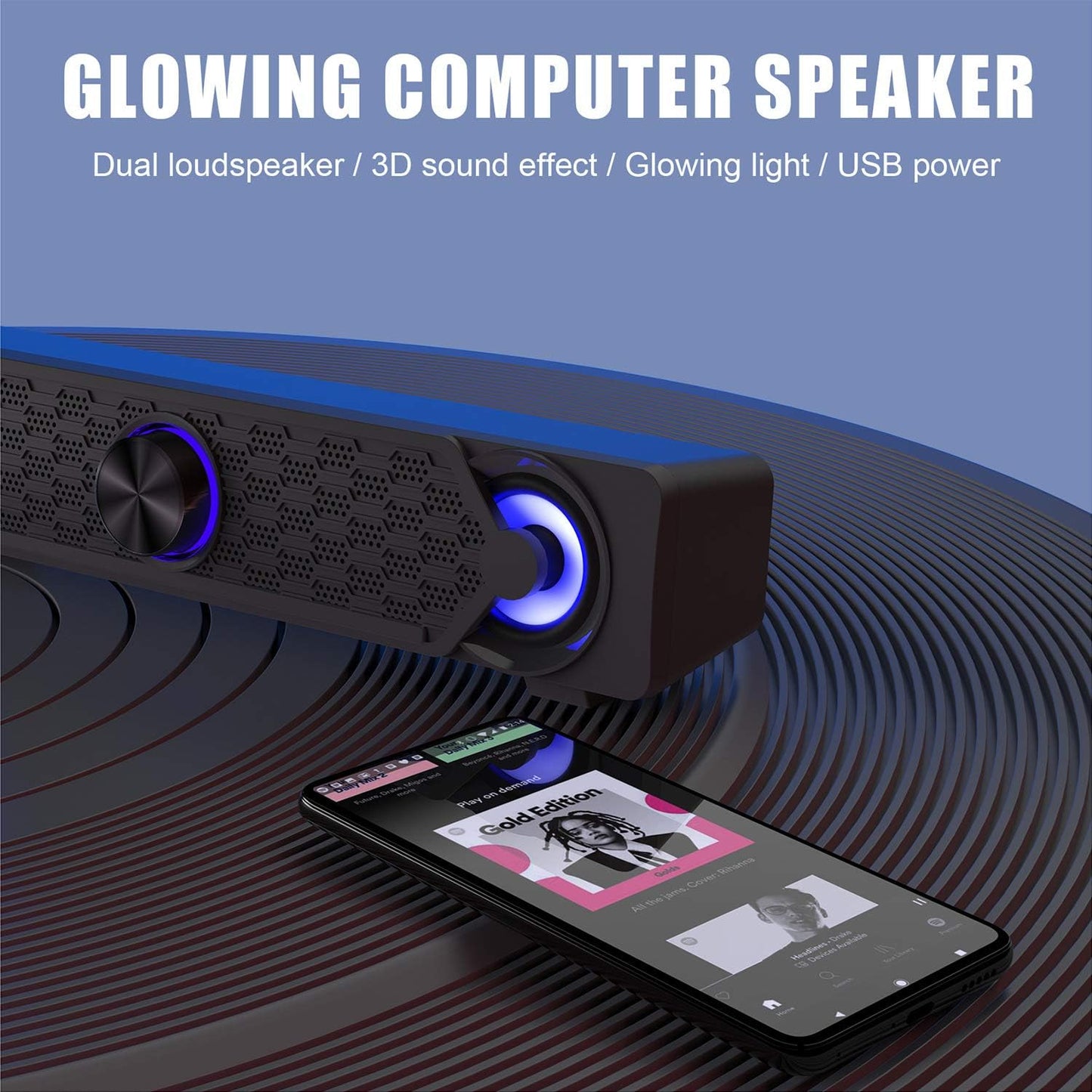 Smalody Mini LED Soundbar PC Speakers Black Compact Computer Audio 50.8mm NEW