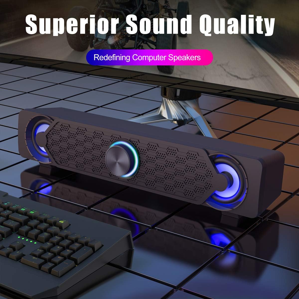 Smalody Mini LED Soundbar PC Speakers Black Compact Computer Audio 50.8mm NEW