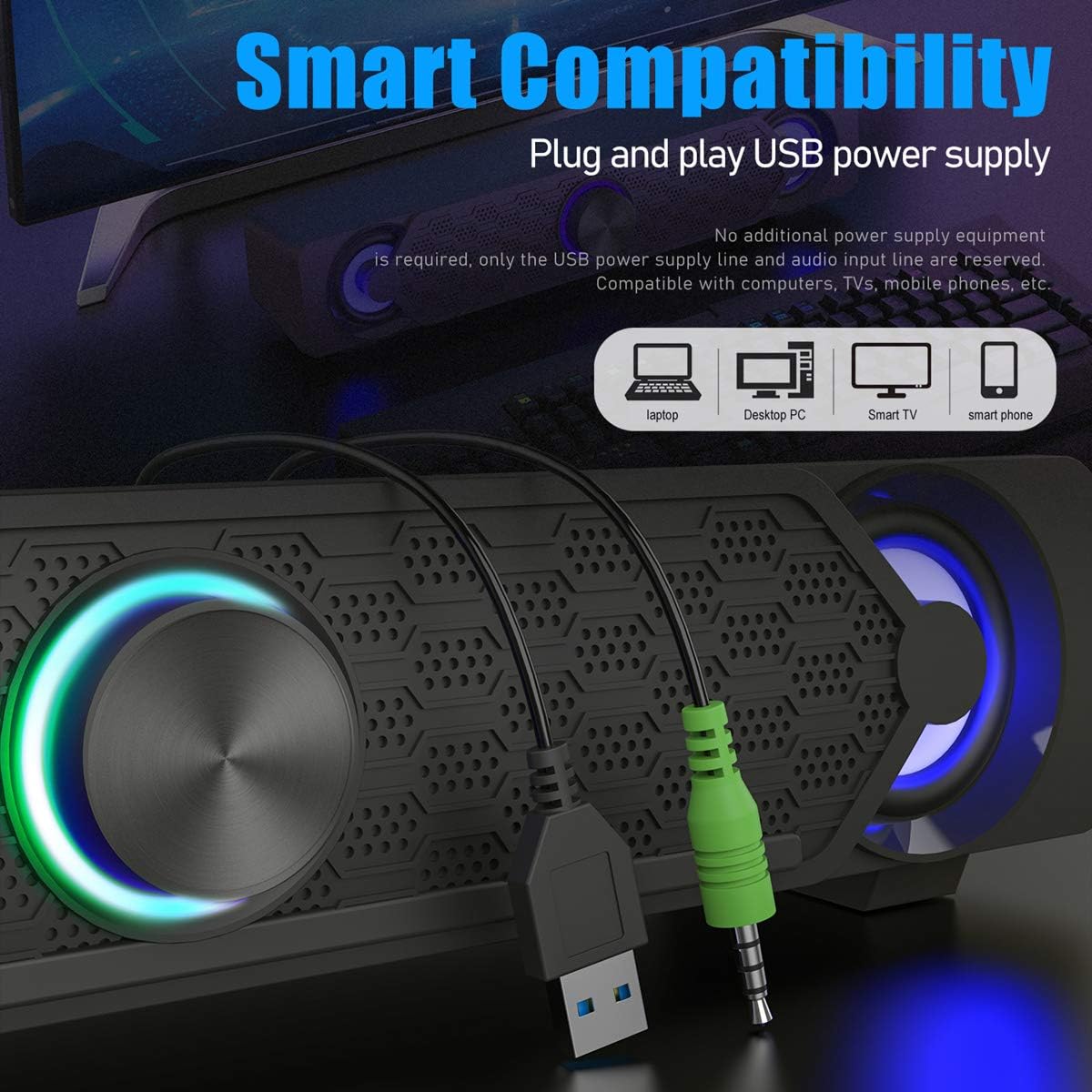 Smalody Mini LED Soundbar PC Speakers Black Compact Computer Audio 50.8mm NEW