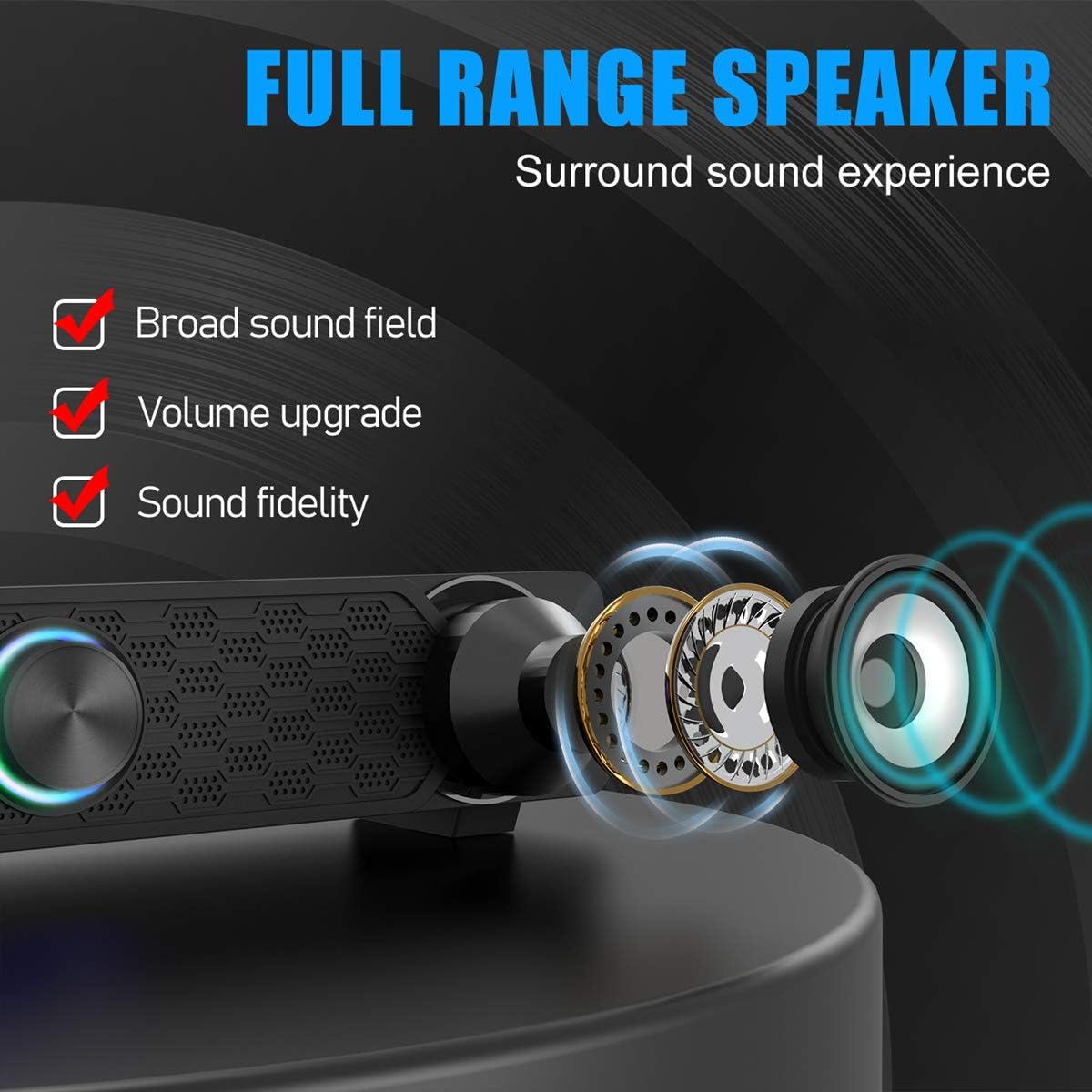 Smalody Mini LED Soundbar PC Speakers Black Compact Computer Audio 50.8mm NEW