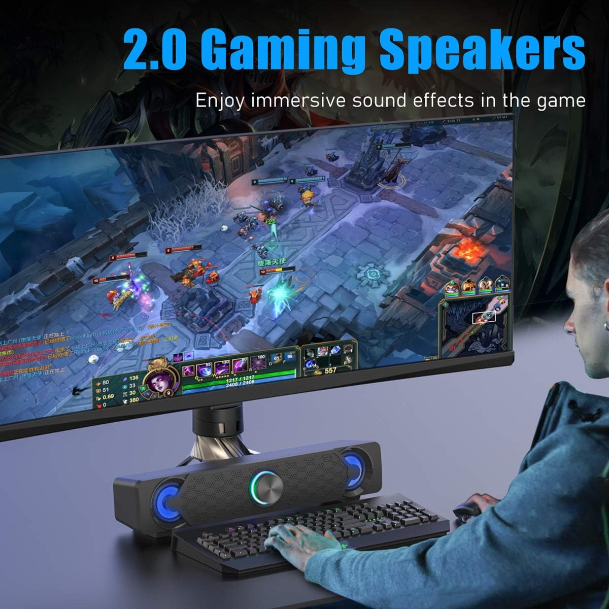 Smalody Mini LED Soundbar PC Speakers Black Compact Computer Audio 50.8mm NEW