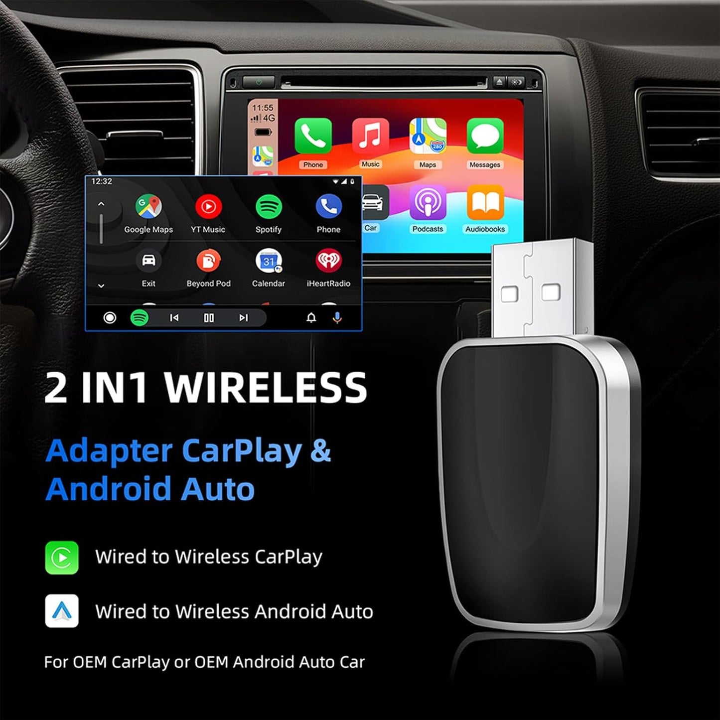 Wireless CarPlay & Android Auto Adapter Plug and Play Input Device Black DEMO