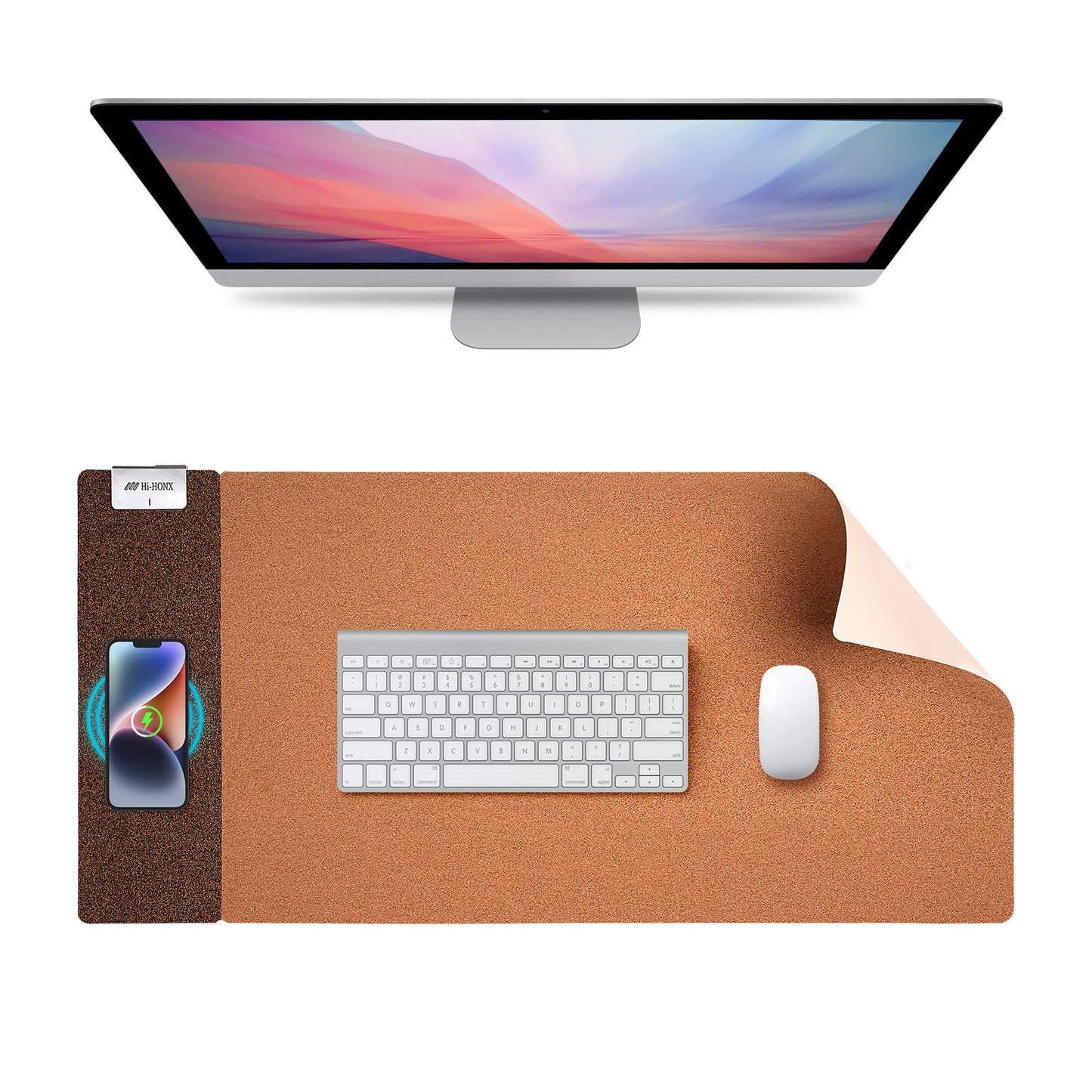 Dual-Sided Wireless Charging Mouse Pad Cork and Black PU Leather 80 x 38 cm DEMO