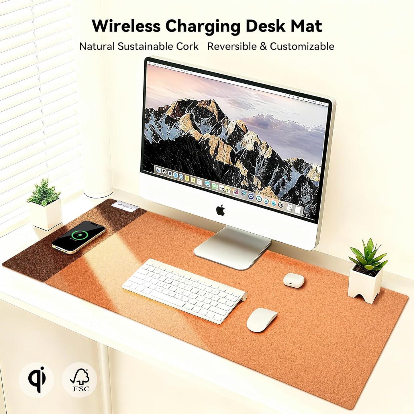 Dual-Sided Wireless Charging Mouse Pad Cork and Black PU Leather 80 x 38 cm DEMO