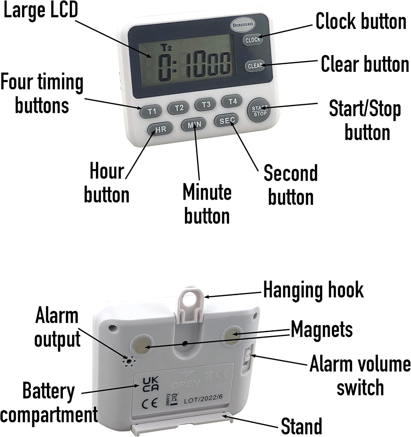 Brannan Digital Kitchen Timer White and Grey Countdown for Cooking Baking NEW