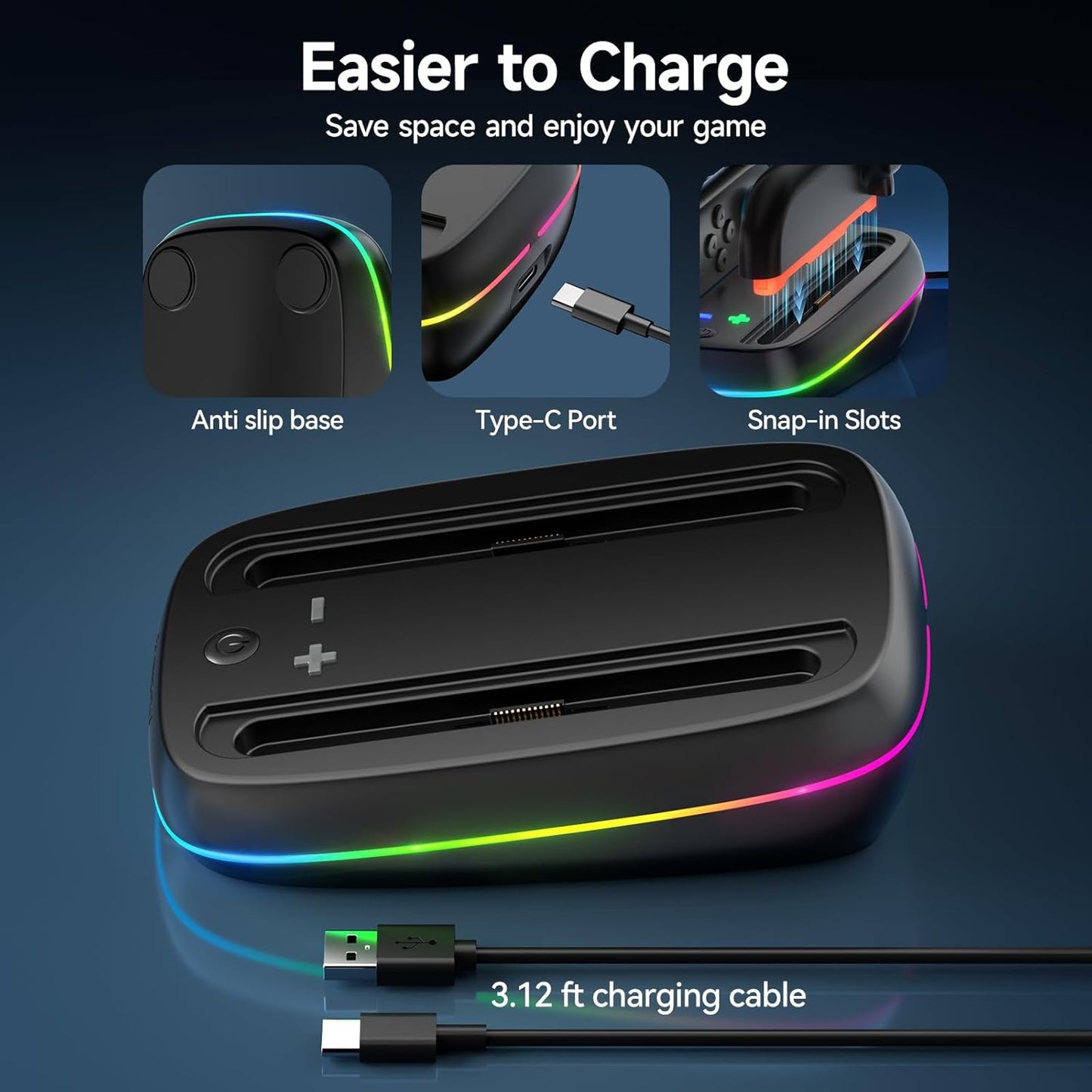 Nintendo Switch Joy-Con Charging Dock Station for 2 Black Controllers Size NEW