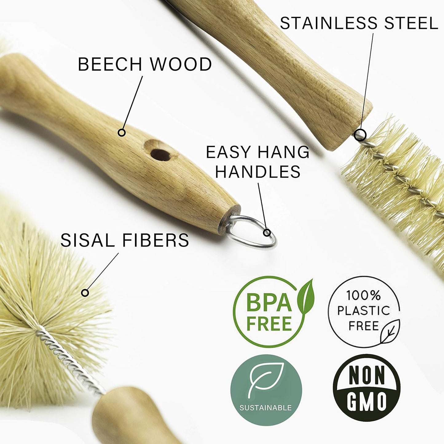 Gaia Guy Natural Bottle Brush and Reusable Straw Set with Sisal Bristles NEW