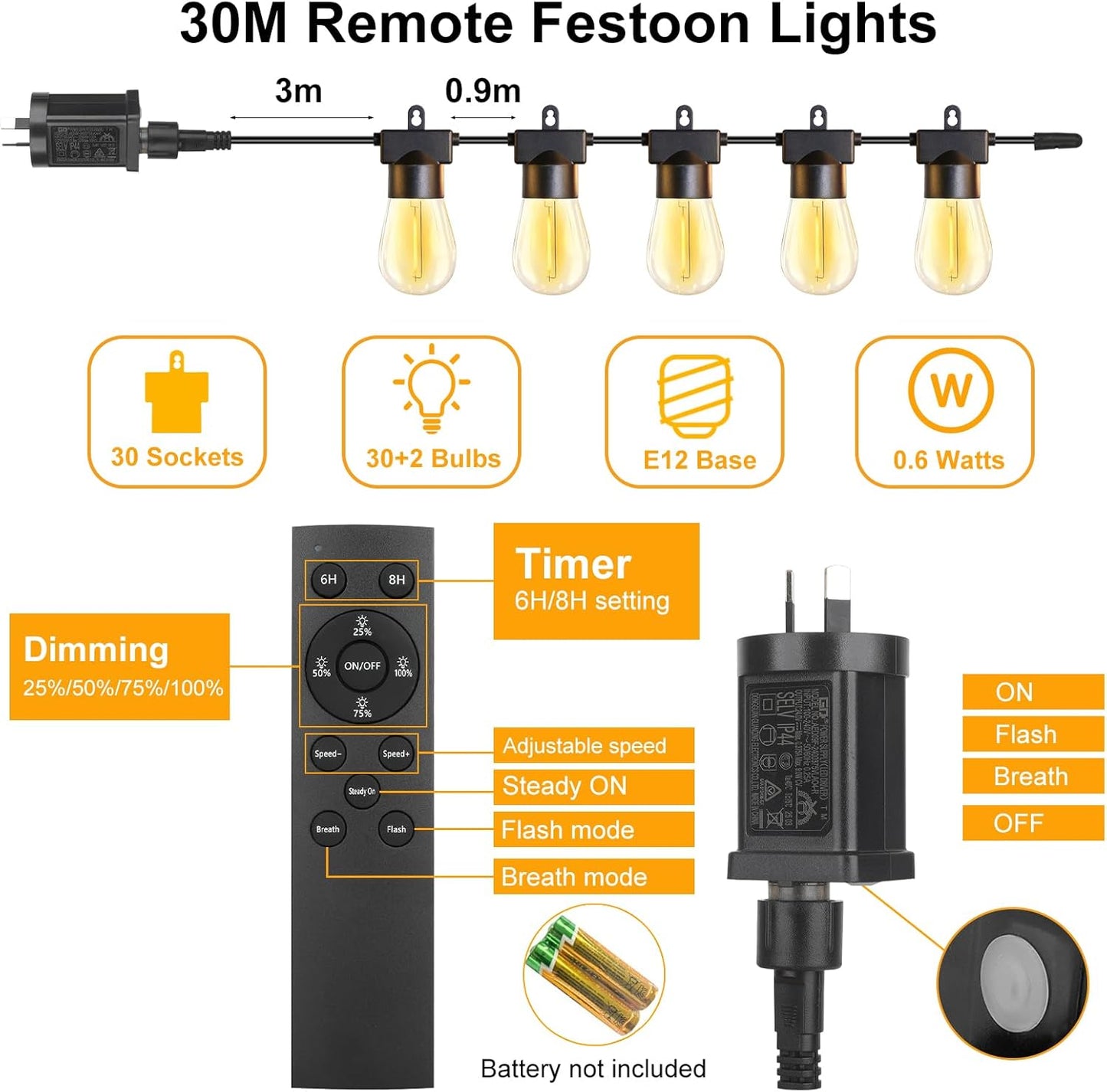 30m Dimmable Outdoor String Lights - Black Patio Lighting for Backyard, DEMO