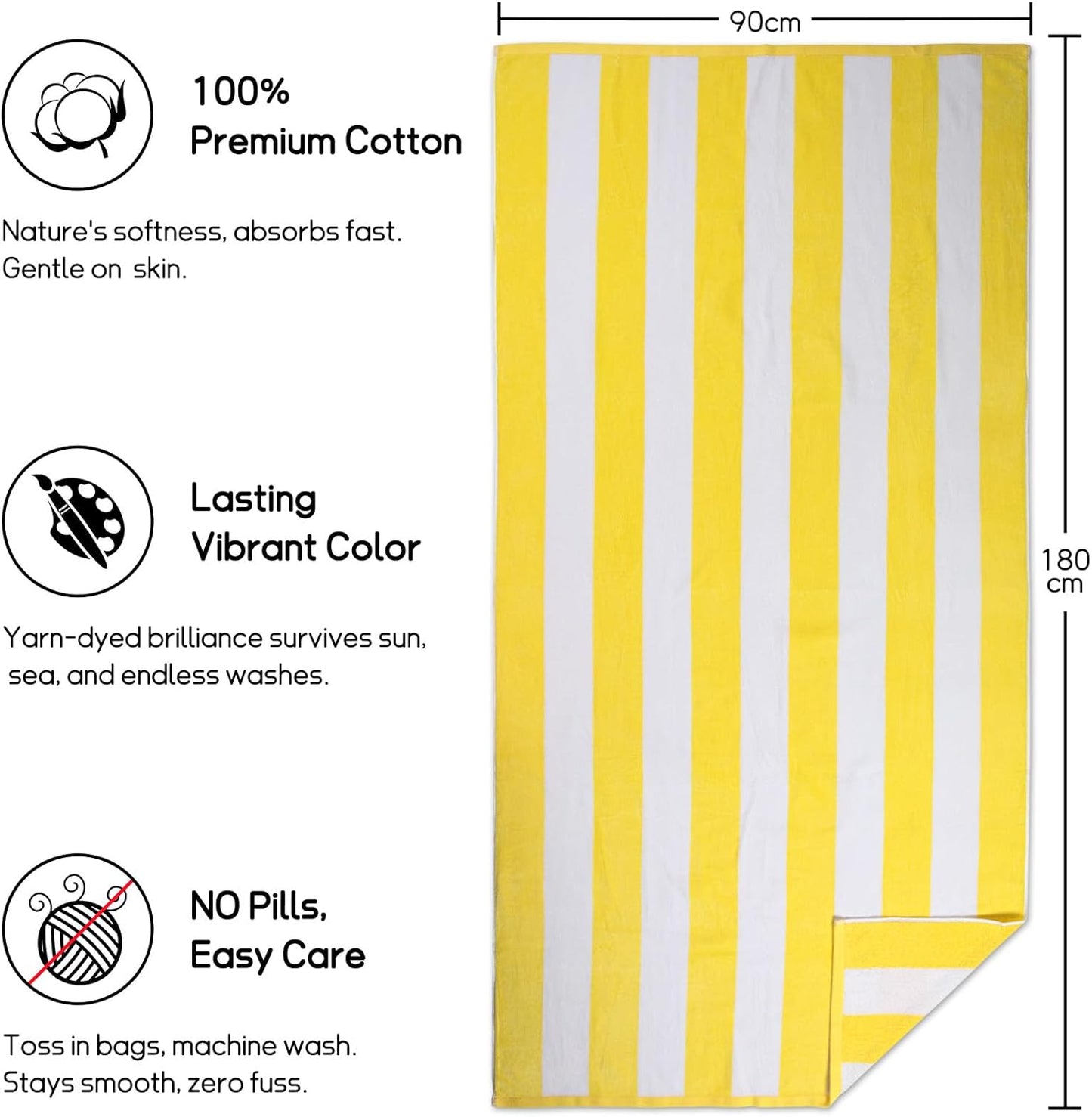 Ouxiaobai Oversized Beach Towel Soft Velour Striped Yellow Size 90 x 180cm NEW
