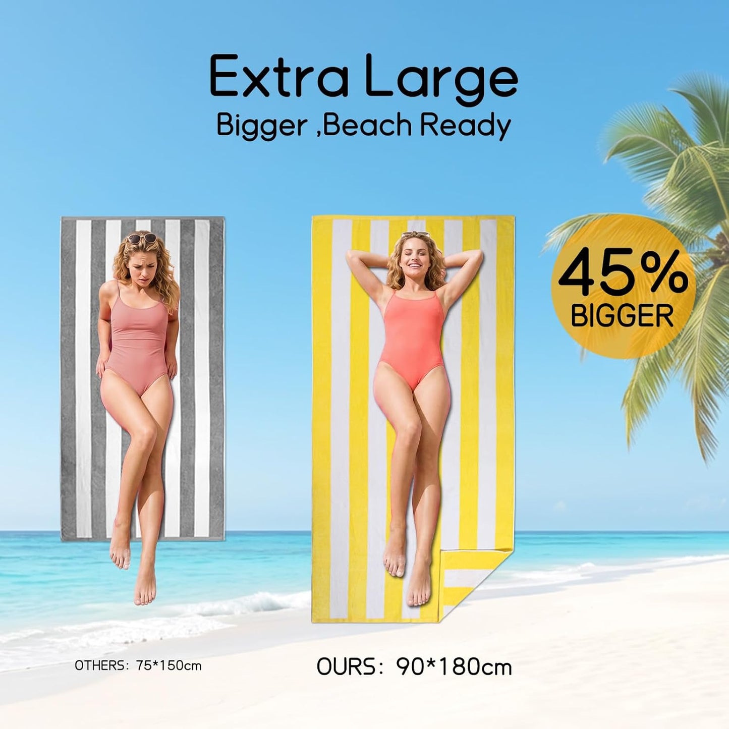 Ouxiaobai Oversized Beach Towel Soft Velour Striped Yellow Size 90 x 180cm NEW