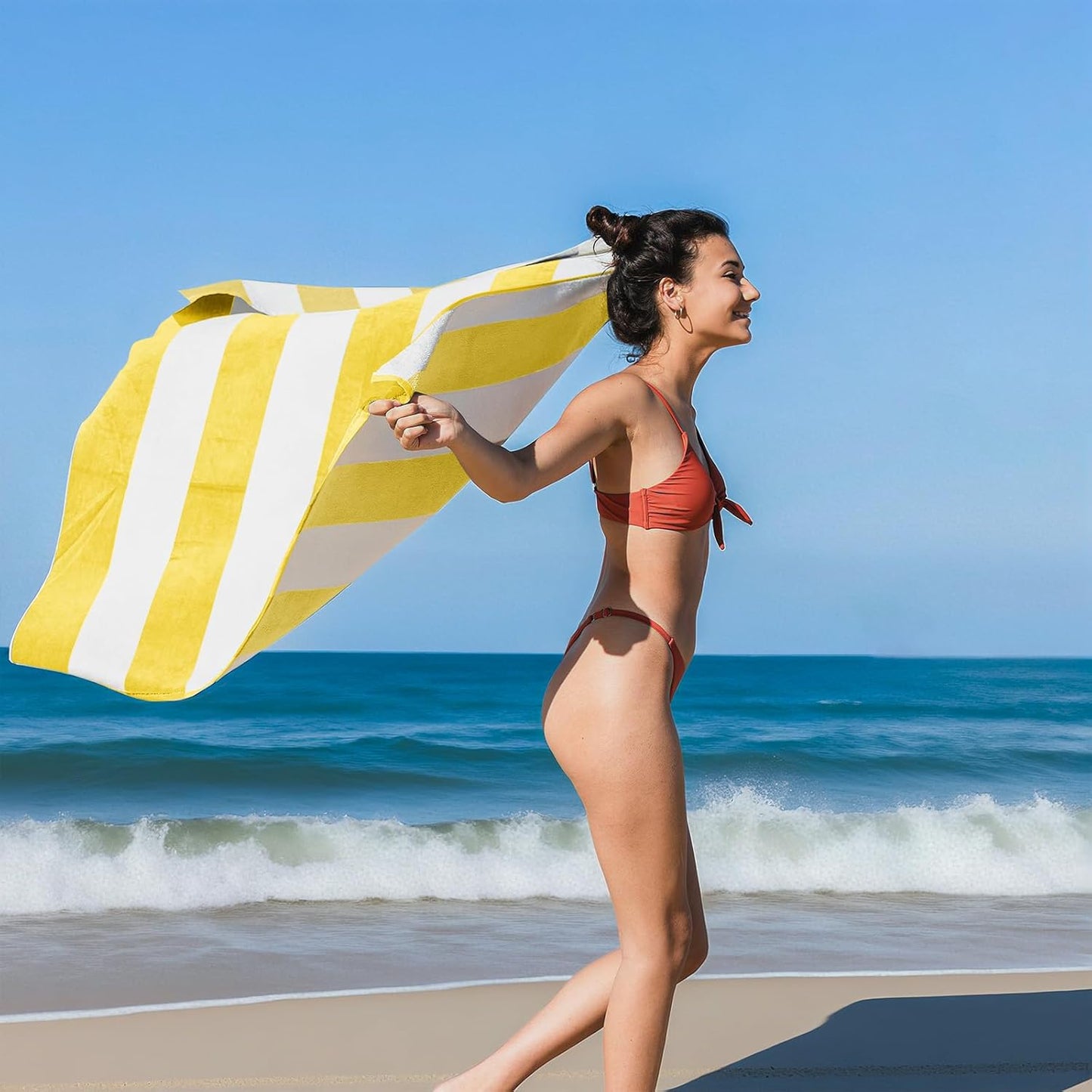 Ouxiaobai Oversized Beach Towel Soft Velour Striped Yellow Size 90 x 180cm NEW