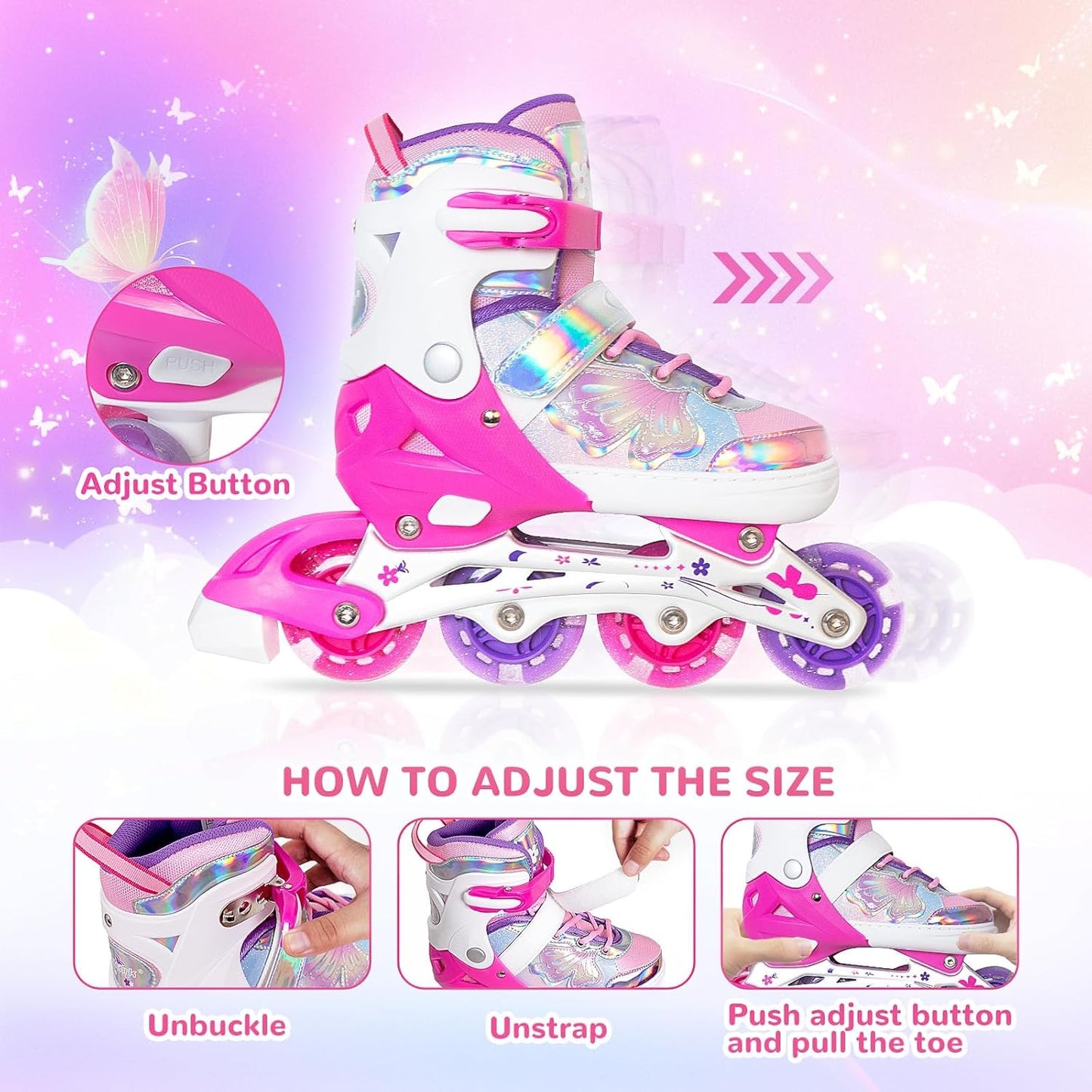 Nattork Kids Inline Skates Adjustable Butterfly & Flower Rose Large(5-8US) NEW