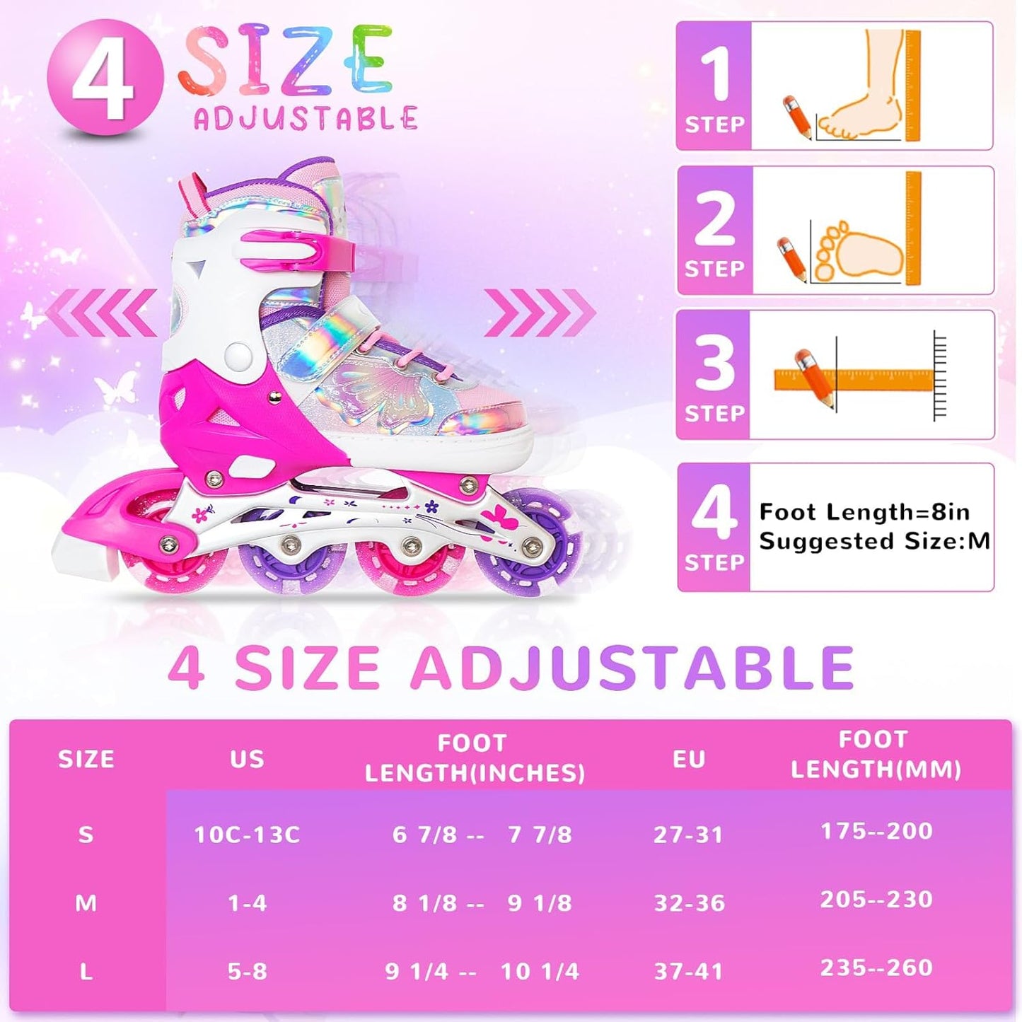 Nattork Kids Inline Skates Adjustable Butterfly & Flower Rose Large(5-8US) NEW