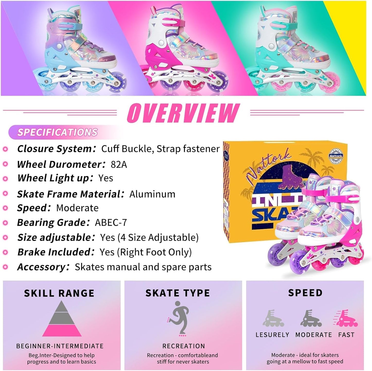 Nattork Kids Inline Skates Adjustable Butterfly & Flower Rose Large(5-8US) NEW