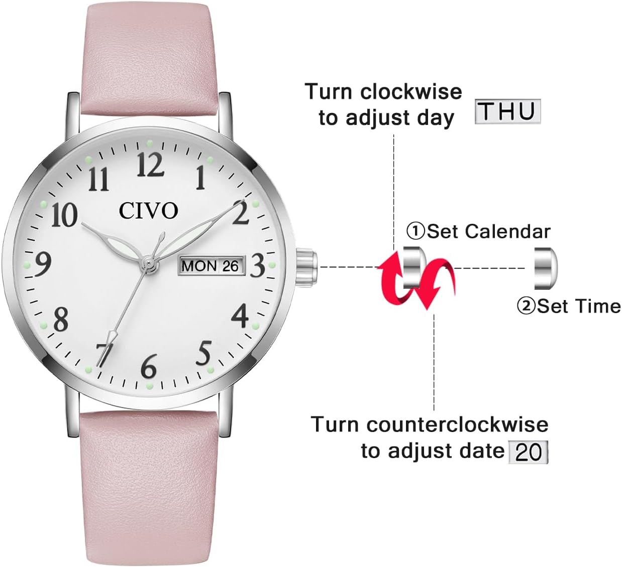 CIVO 35mm Analog Wrist Watch with Large Easy-to-Read Pink Face for Women NEW