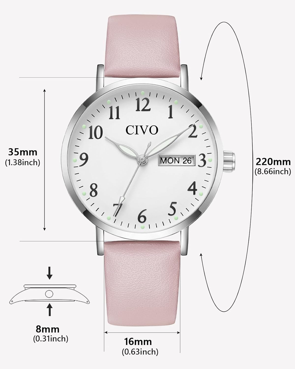 CIVO 35mm Analog Wrist Watch with Large Easy-to-Read Pink Face for Women NEW