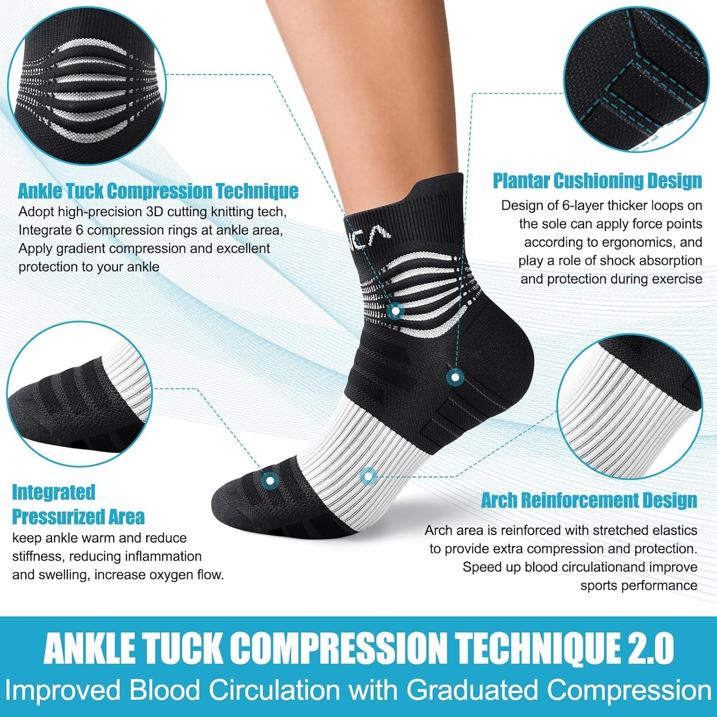 NEENCA Compression Socks for Circulation & Ankle Support Black White Size M NEW