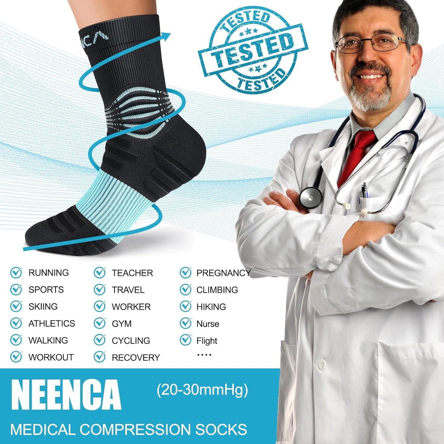 NEENCA Compression Socks for Circulation & Ankle Support Black White Size M NEW