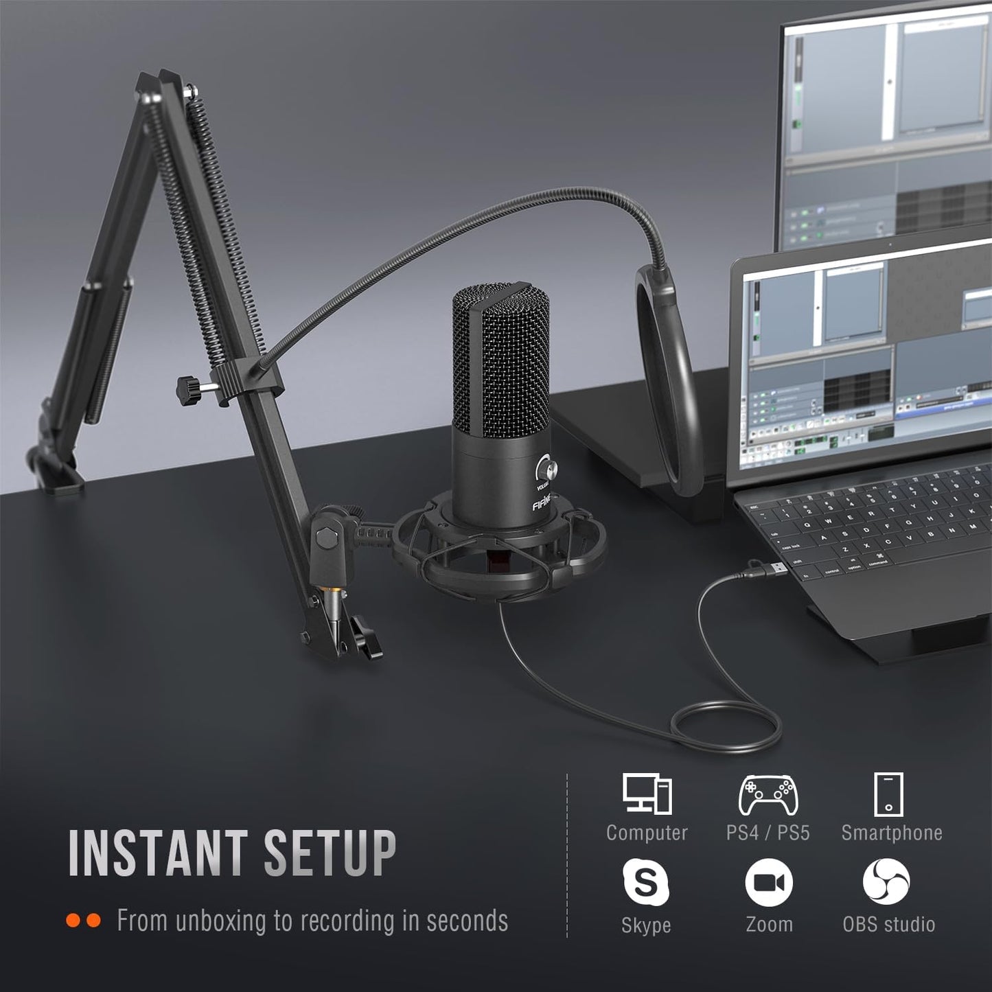 FIFINE Studio Condenser USB Microphone Kit with Adjustable Tripod Stand DEMO