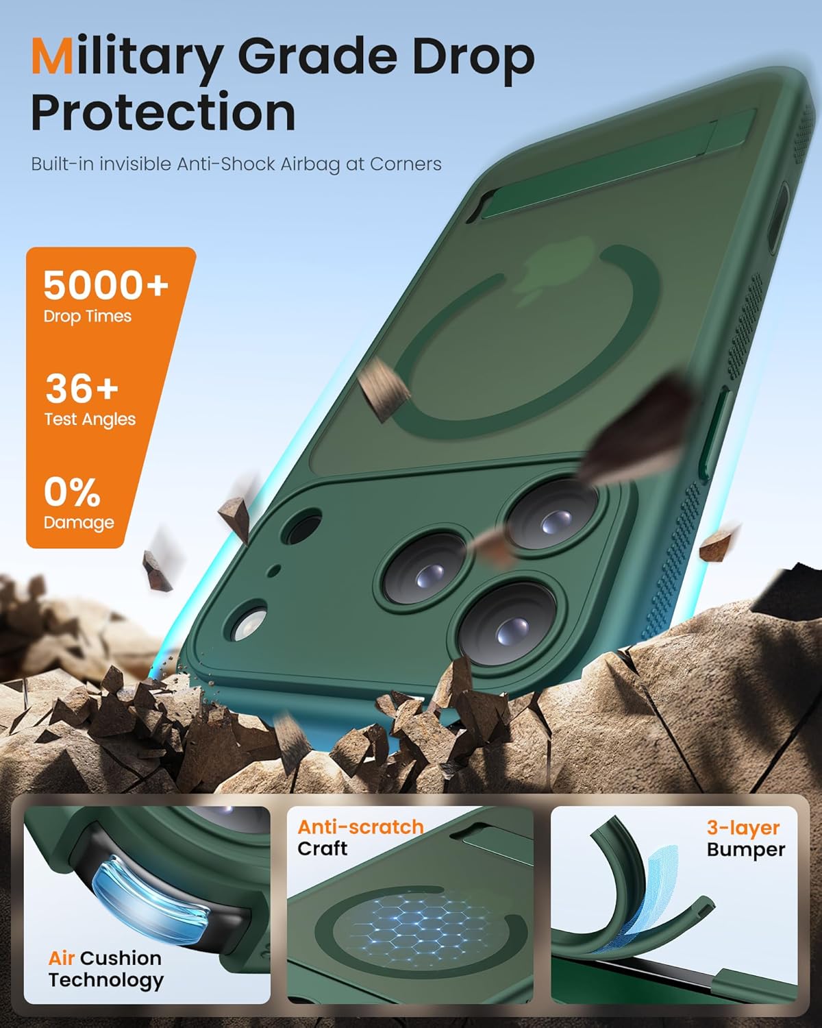 SIXBOX Magnetic Phone Case with Stand Camera Control Green for iPhone 17 Pro NEW