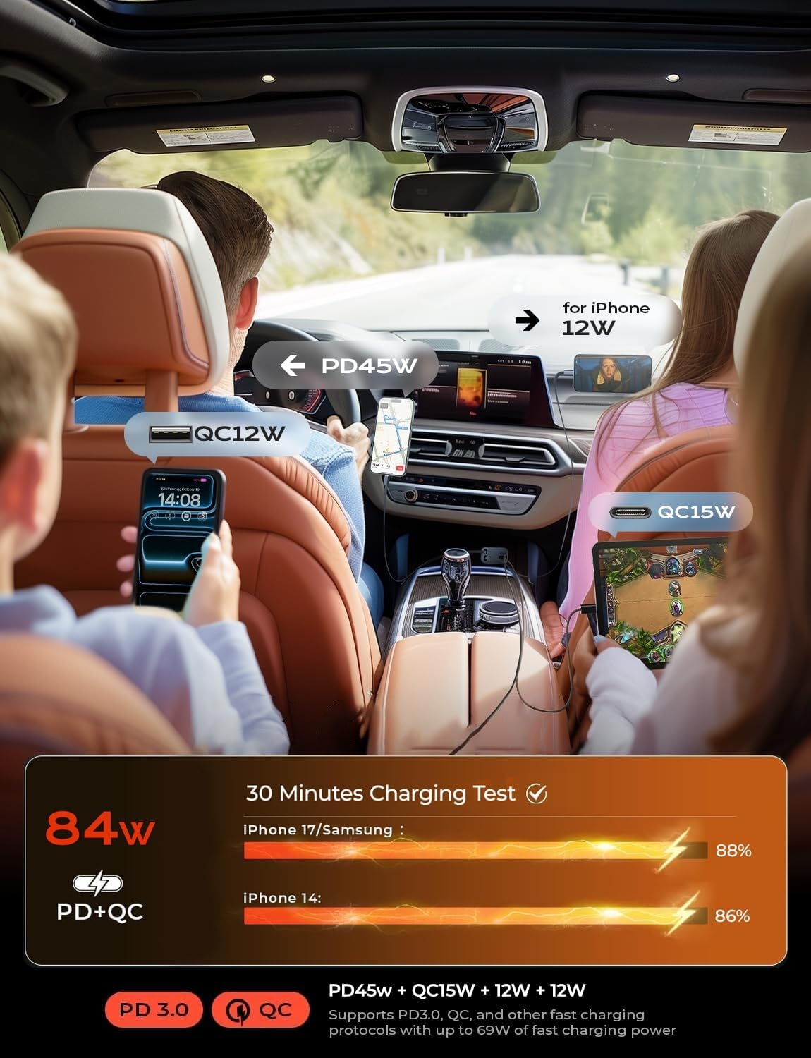 LISEN 84W Car Accessories Retractable Car Charger USB-C Cigarette Lighter NEW