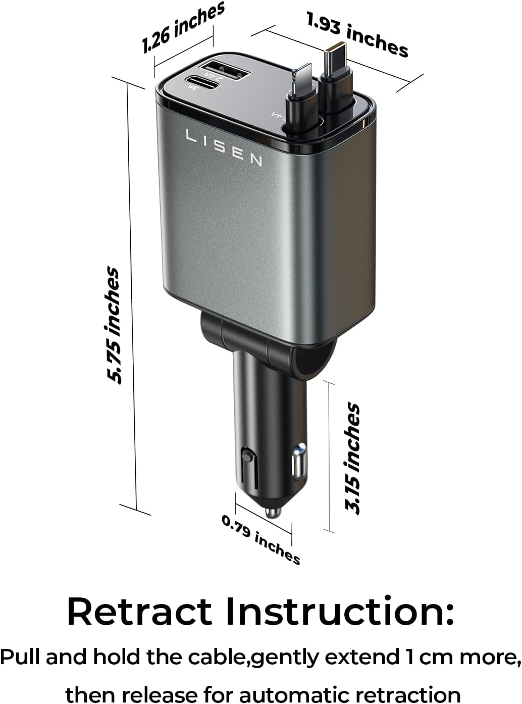 LISEN 84W Car Accessories Retractable Car Charger USB-C Cigarette Lighter NEW