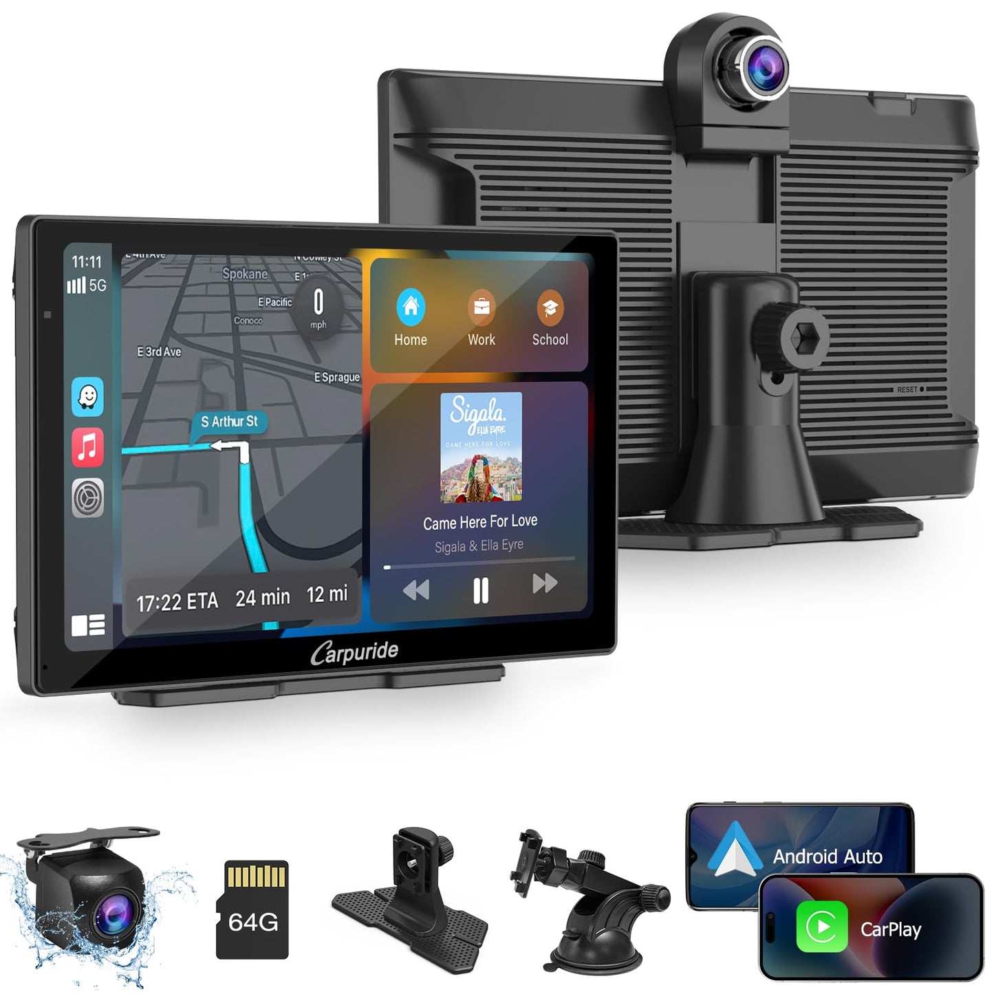 CARPURIDE Wireless Car Electronics Carplay & Android Auto Portable 9" Touch NEW