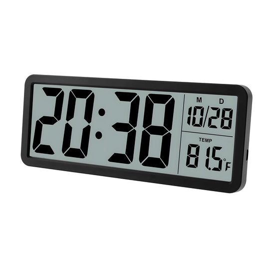 Digital Wall Clock with Large LED Temperature Display, Black 20.2 x 8 cm DEMO