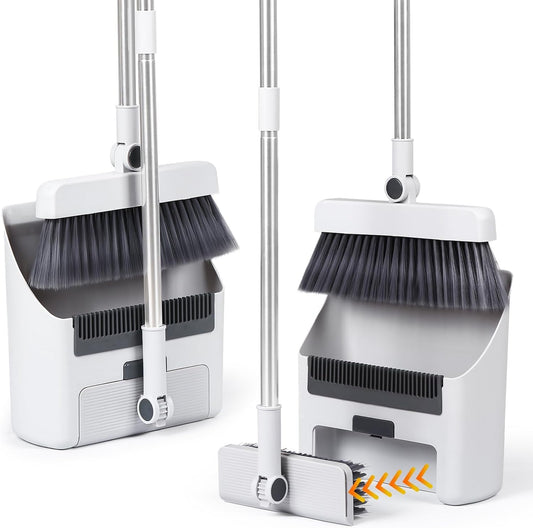 Heavy-Duty Long Handle Broom and Dustpan Cleaning Set for Home, White DEMO