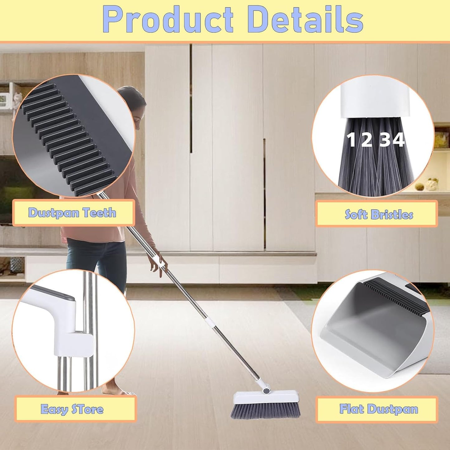 Heavy-Duty Long Handle Broom and Dustpan Cleaning Set for Home, White DEMO