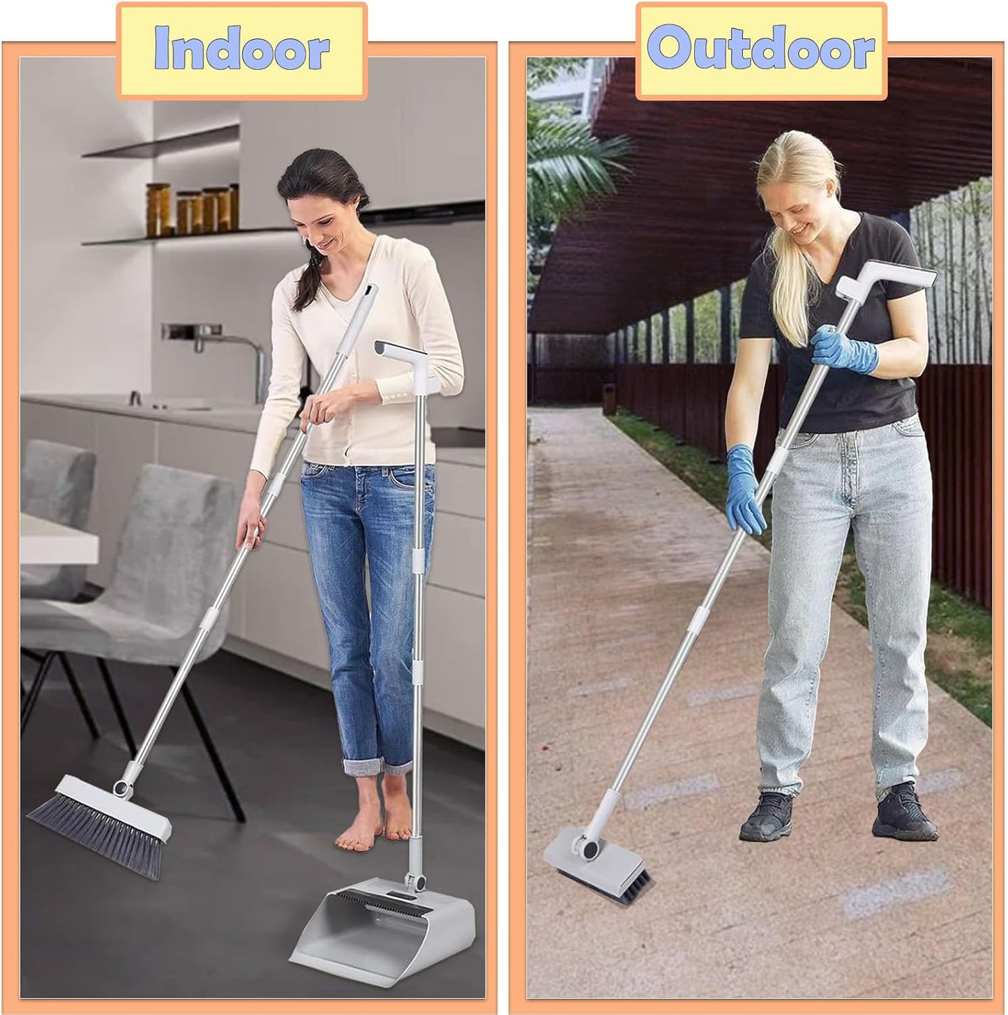 Heavy-Duty Long Handle Broom and Dustpan Cleaning Set for Home, White DEMO