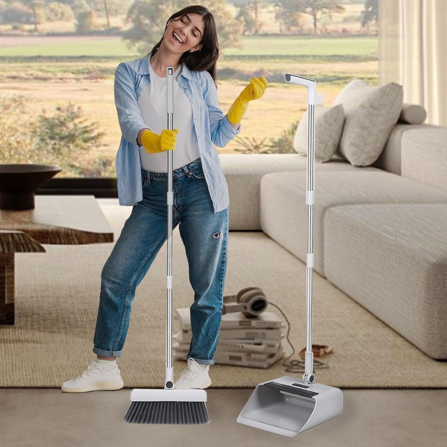 Heavy-Duty Long Handle Broom and Dustpan Cleaning Set for Home, White DEMO