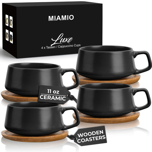 MIAMIO 320 ml Ceramic Tea Cup and Saucer Set of 4 - Black Coffee Mugs for NEW