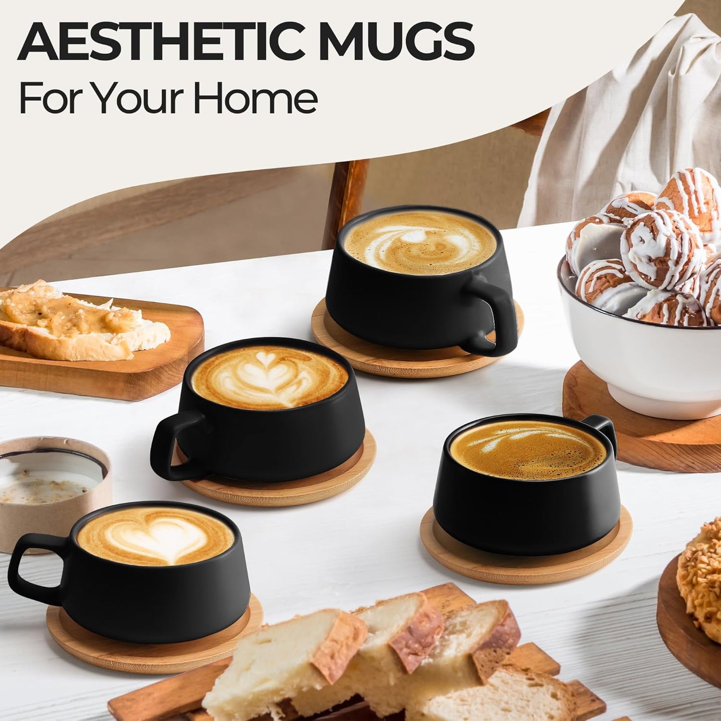 MIAMIO 320 ml Ceramic Tea Cup and Saucer Set of 4 - Black Coffee Mugs for NEW
