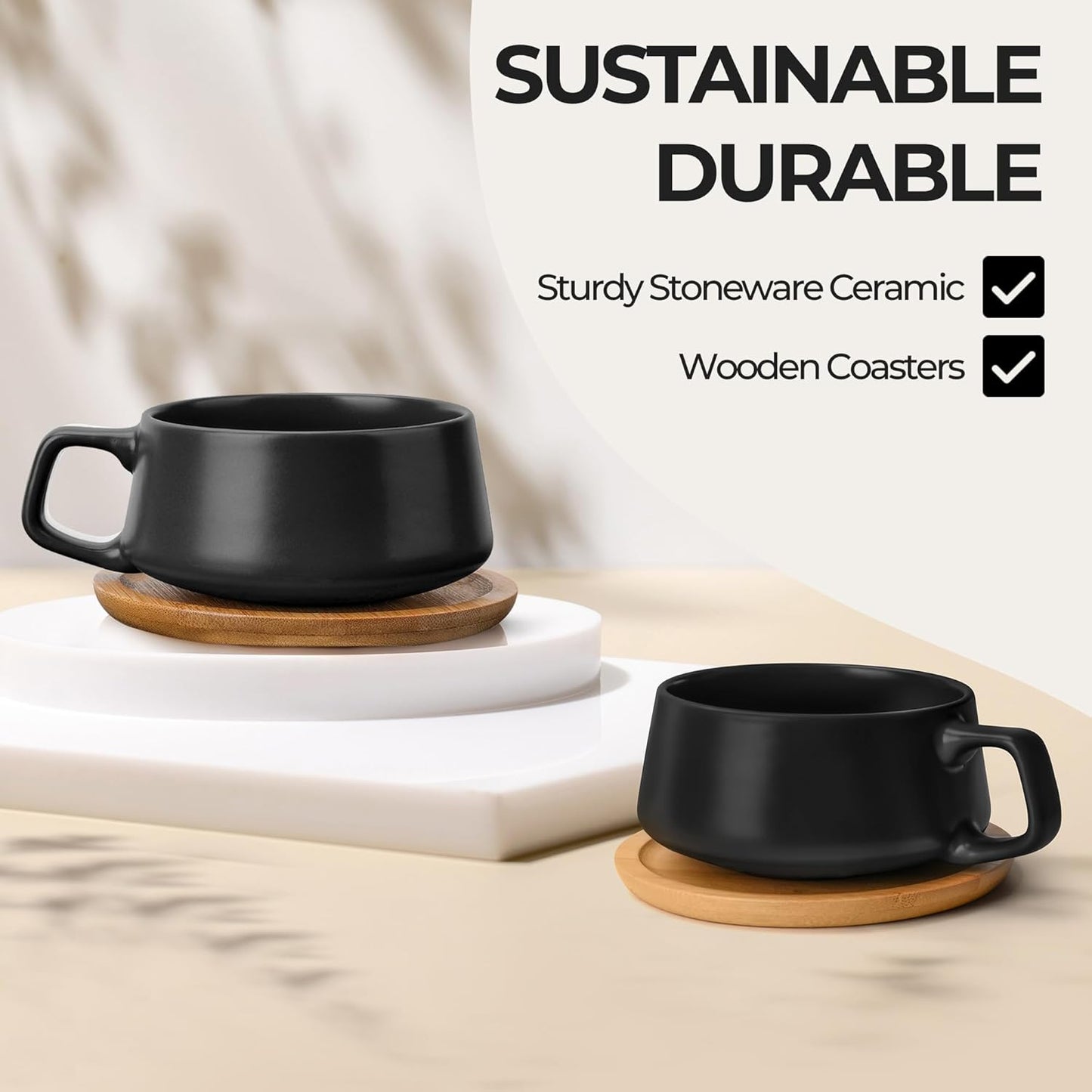 MIAMIO 320 ml Ceramic Tea Cup and Saucer Set of 4 - Black Coffee Mugs for NEW