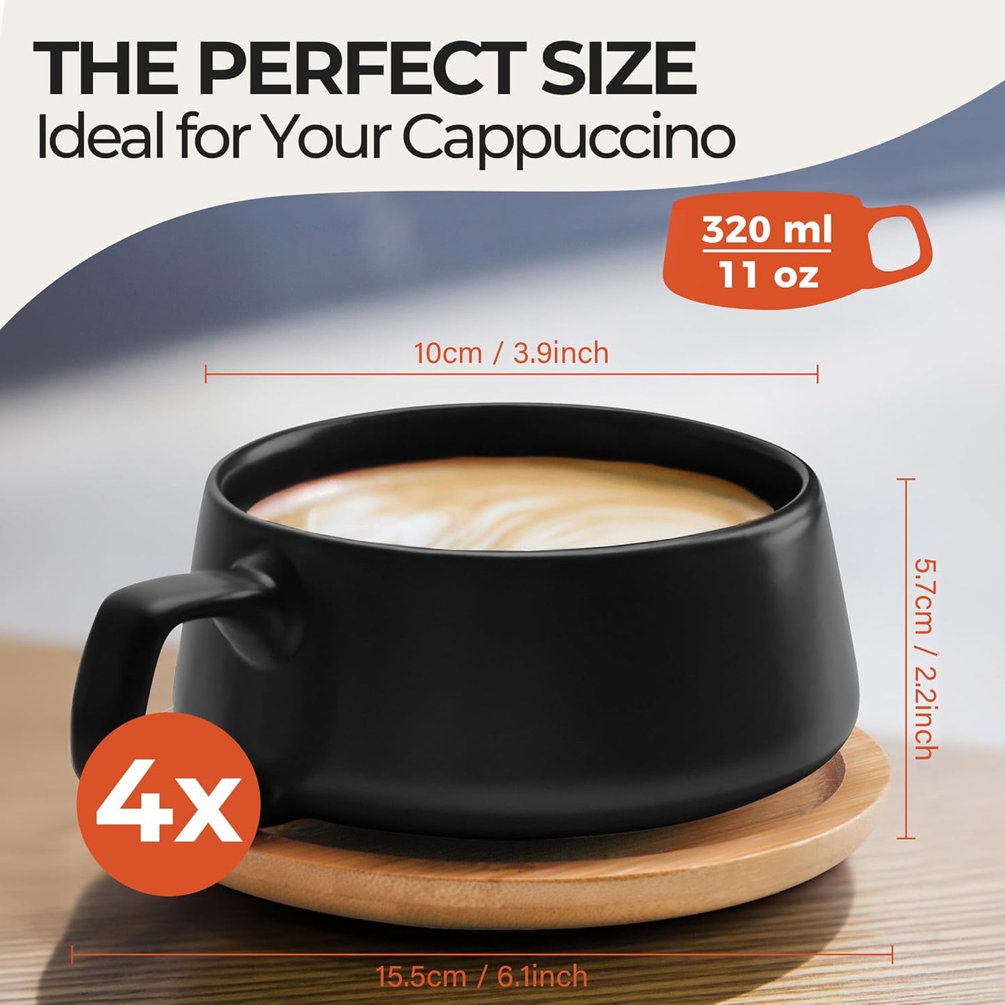 MIAMIO 320 ml Ceramic Tea Cup and Saucer Set of 4 - Black Coffee Mugs for NEW