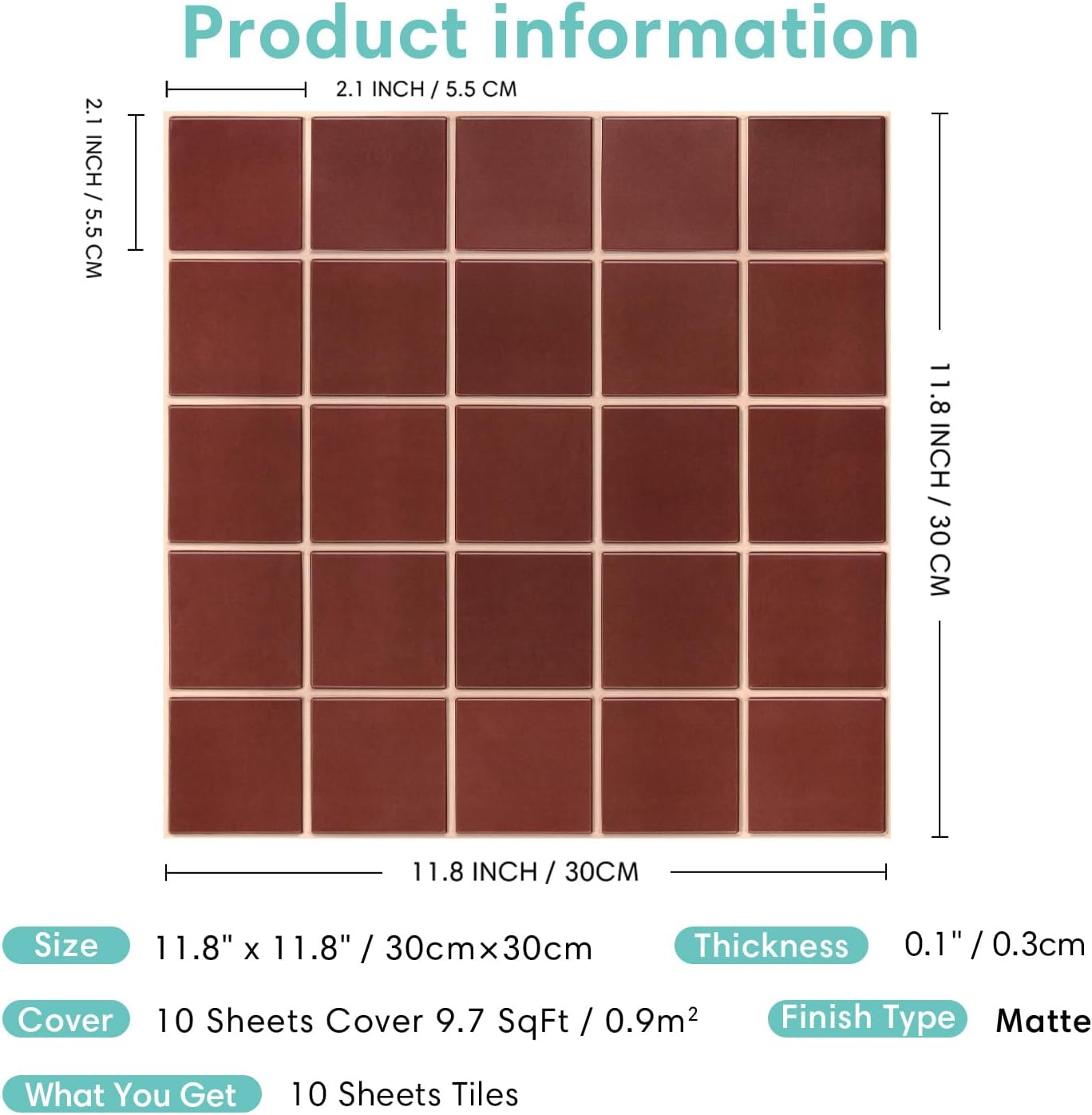 Commomy Red Square Peel and Stick Backsplash Tiles 30x30cm Wall Stickers NEW