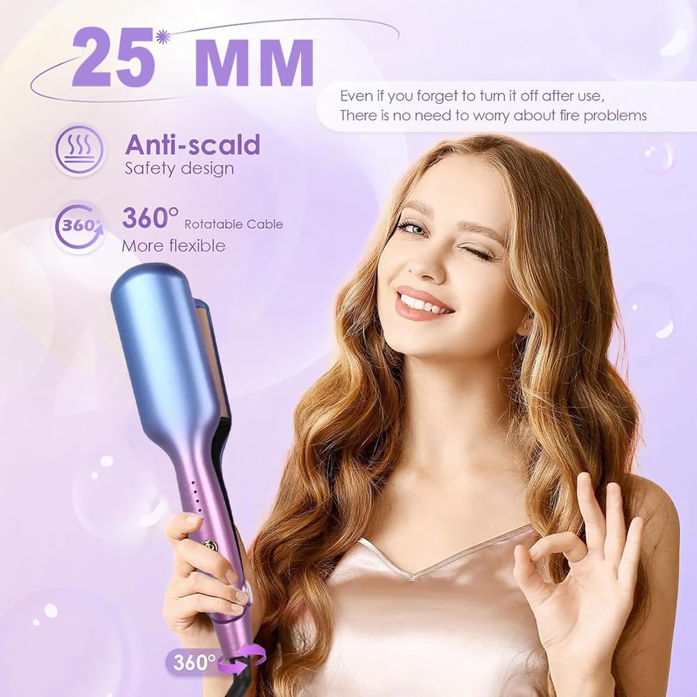 Frafuo Ceramic Tourmaline Wave Curling Iron 3 Barrels Gradient Blue-Purple DEMO