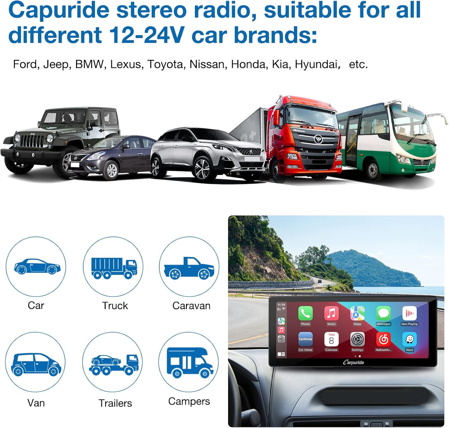 CARPURIDE 10.3" Wireless & Wired Car Play Screen for Electronics NEW