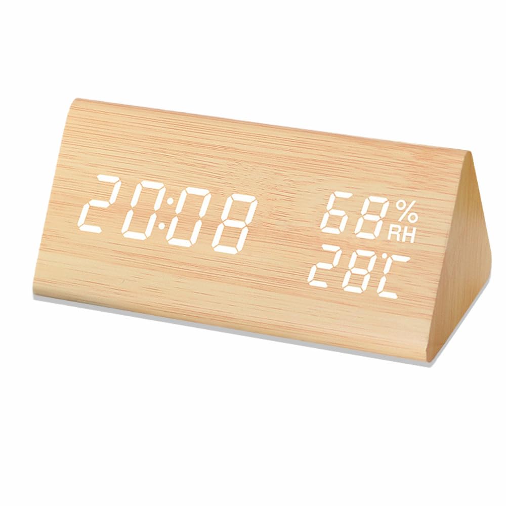 Small Electronic Alarm Clock with LED Display Temperature Humidity Brown NEW