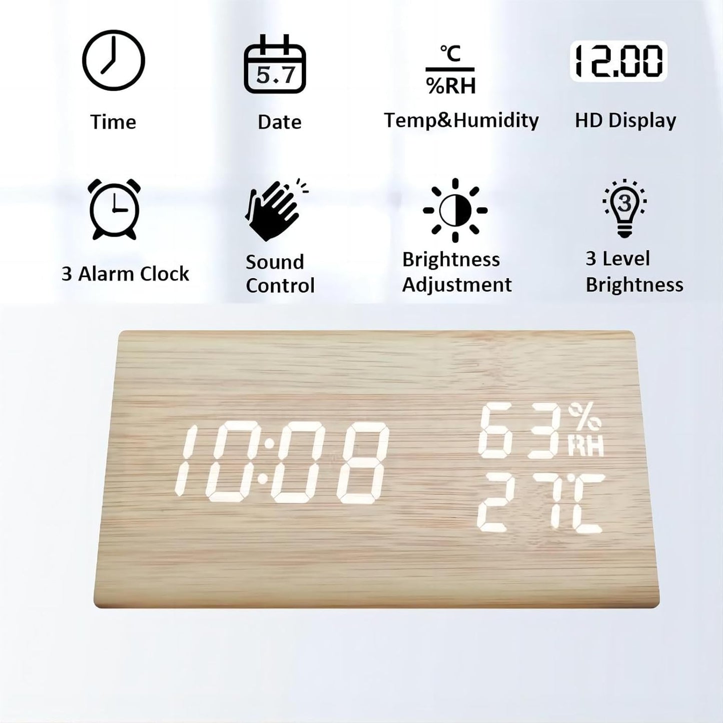 Small Electronic Alarm Clock with LED Display Temperature Humidity Brown NEW
