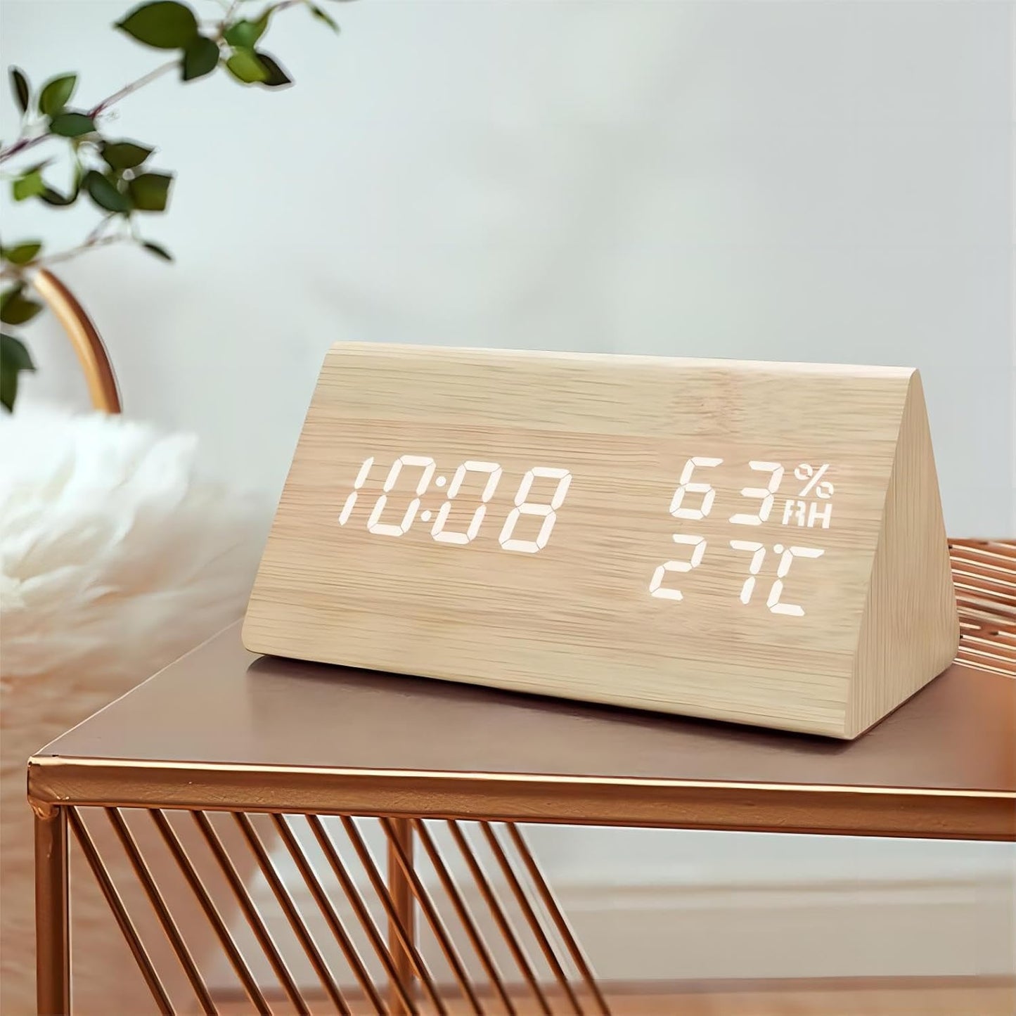 Small Electronic Alarm Clock with LED Display Temperature Humidity Brown NEW