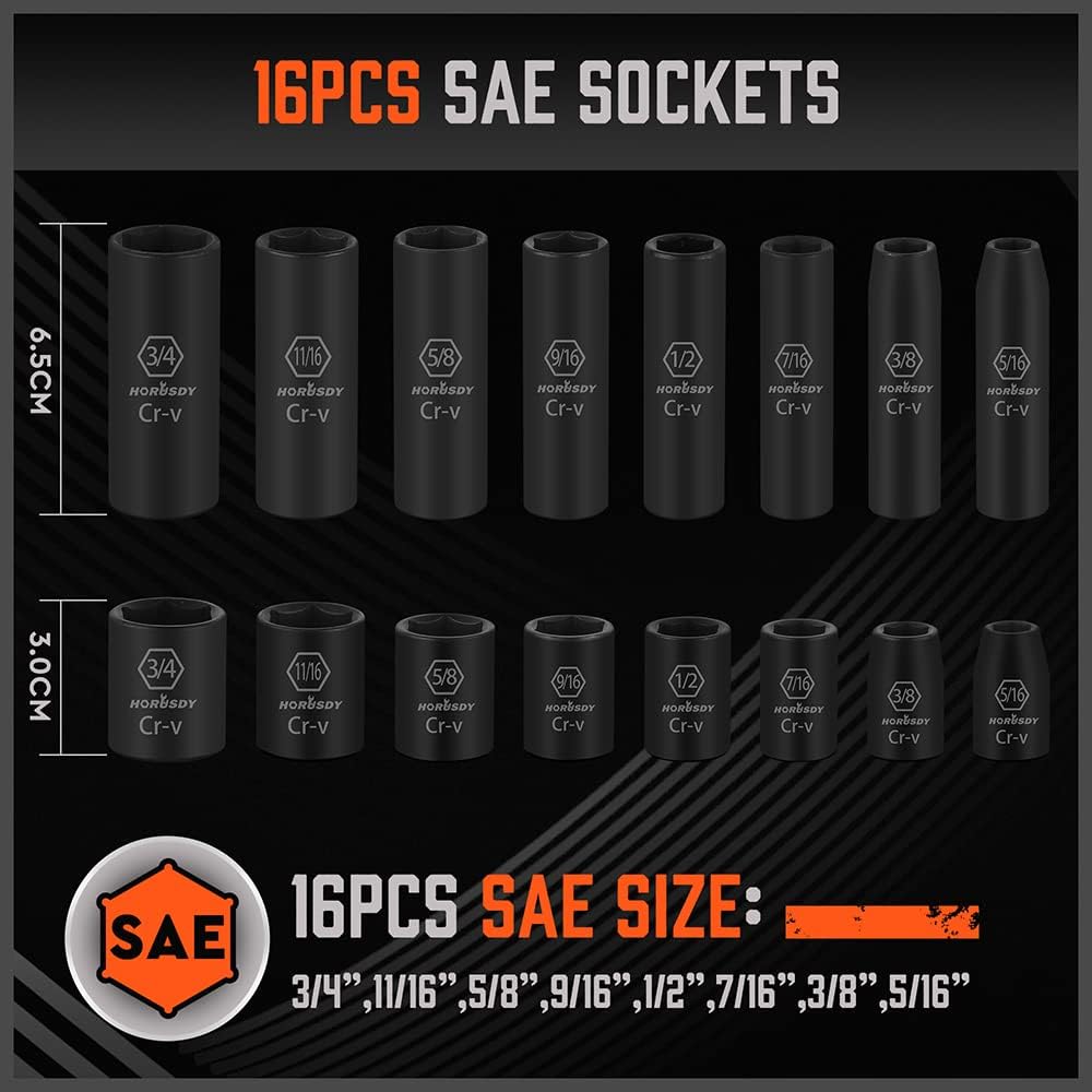 HORUSDY 50-Piece 3/8" Drive Impact Socket Set Standard SAE 5/16 to 3/4 Inch DEMO