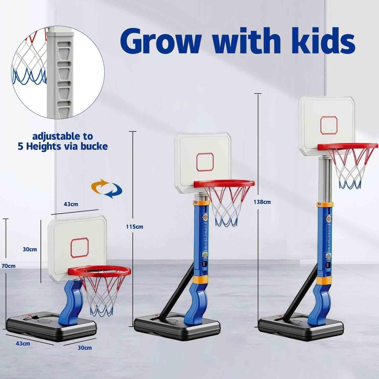 Adjustable 2-8 Ft Height Portable Blue Basketball Hoop for Kids & Toddlers DEMO