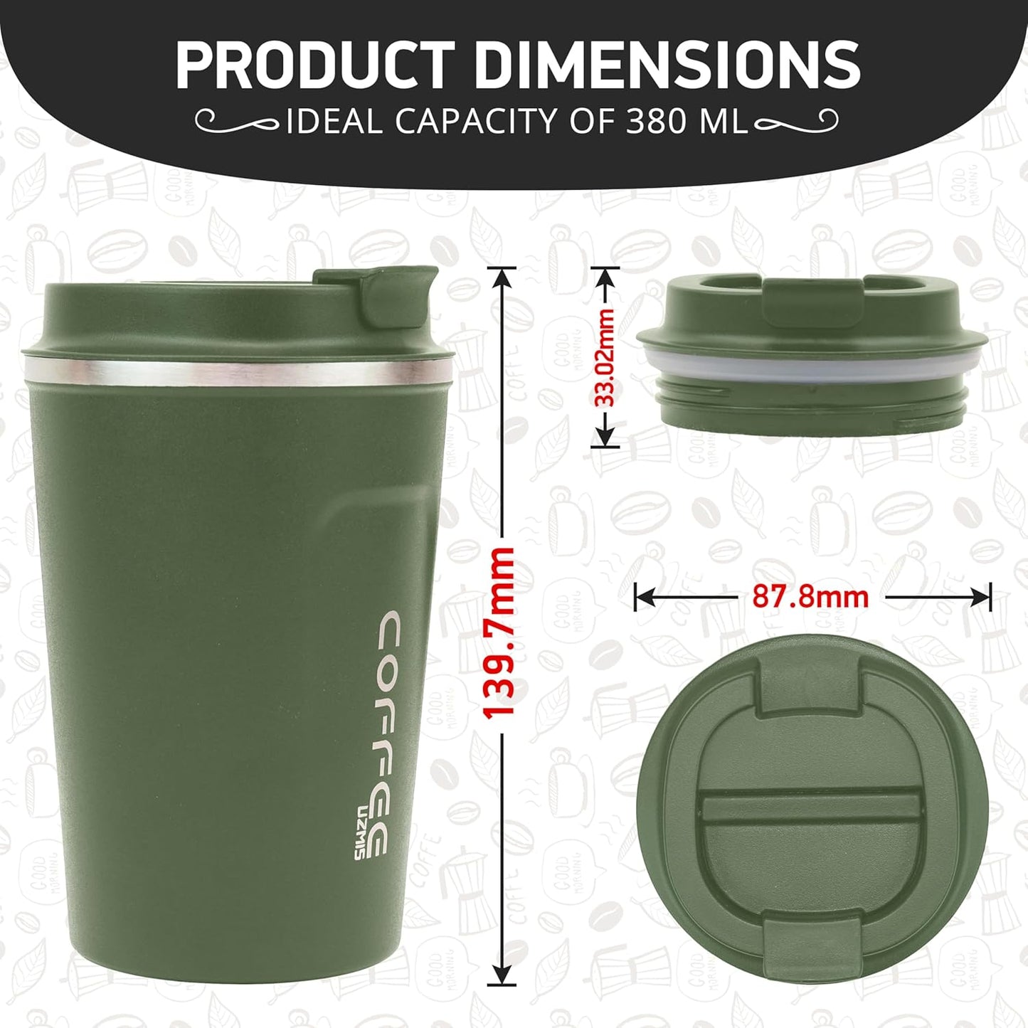 Stainless Steel Insulated Travel Mug with Leak-Proof Lid, Green, 380ml NEW