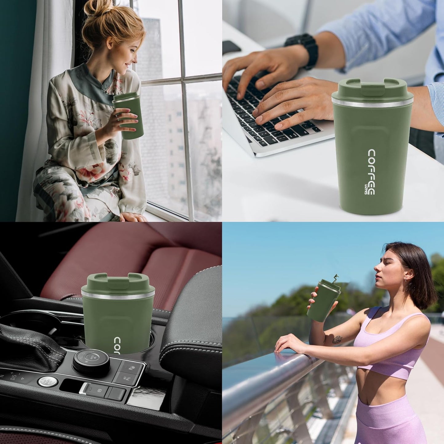 Stainless Steel Insulated Travel Mug with Leak-Proof Lid, Green, 380ml NEW