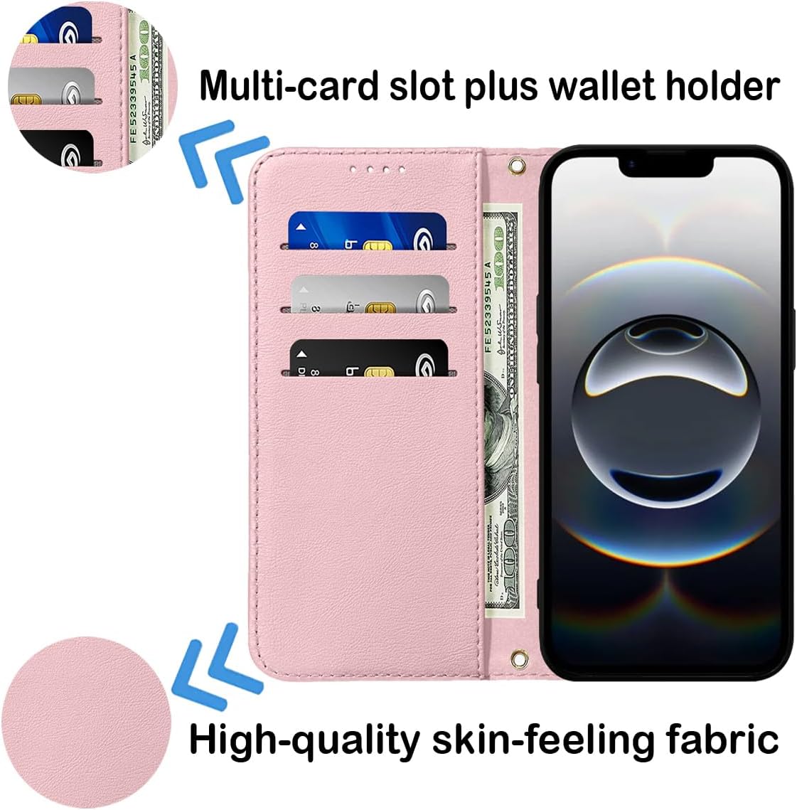 Premium Leather PU Flip Wallet Case for iPhone 16e/17e in Pink Size iPhone DEMO